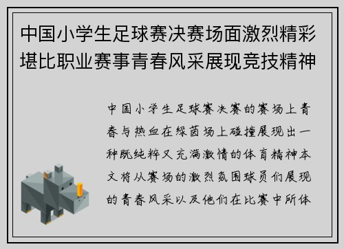 中国小学生足球赛决赛场面激烈精彩堪比职业赛事青春风采展现竞技精神