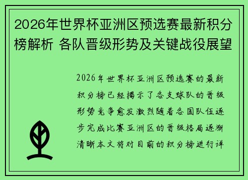 2026年世界杯亚洲区预选赛最新积分榜解析 各队晋级形势及关键战役展望